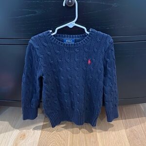 Boys navy blue cable knit sweater.  No snags signature red logo